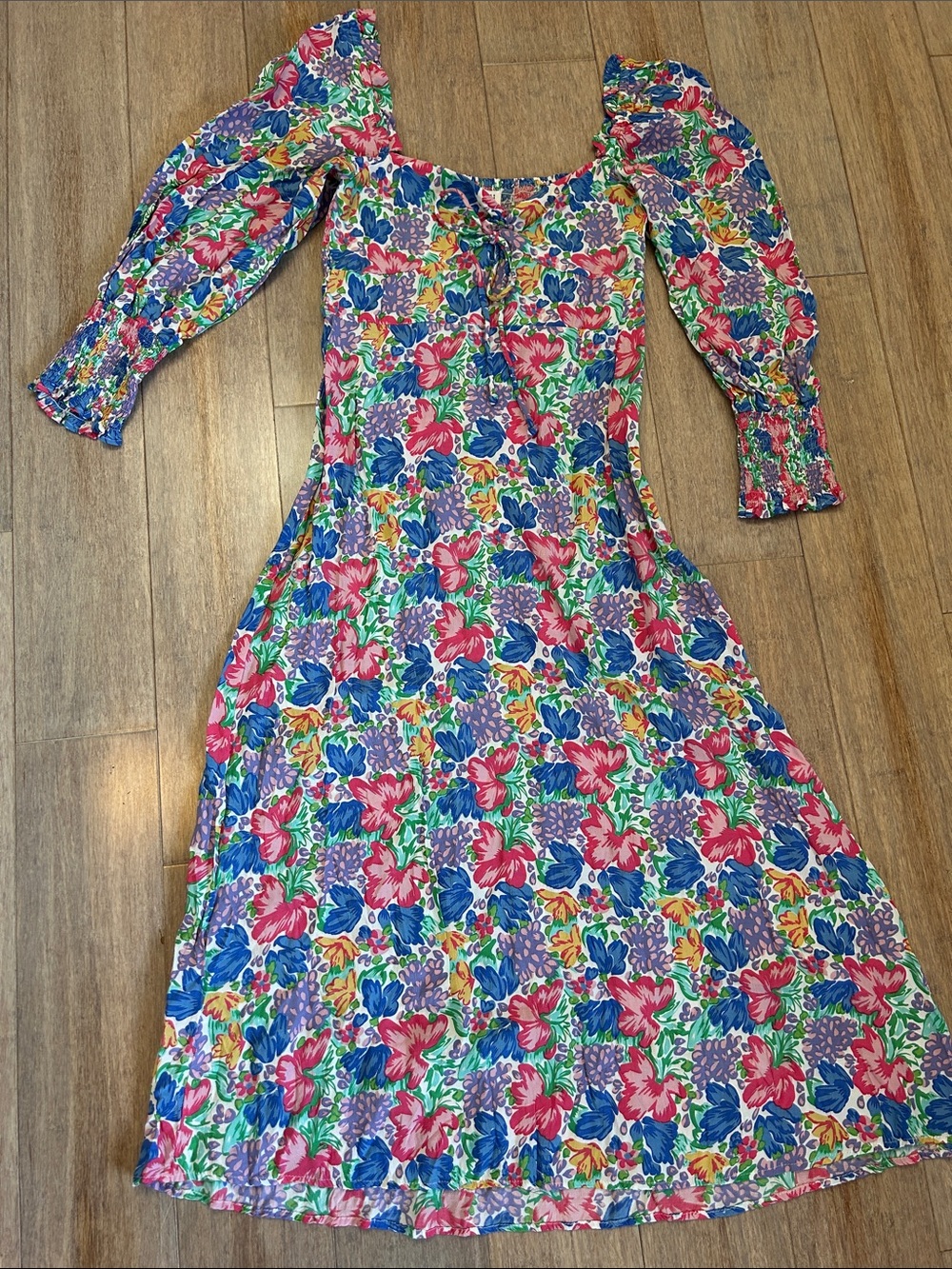 Faithfull the Brand Floral Midi Dress - Pink, Blue & Green ruched back size 4
